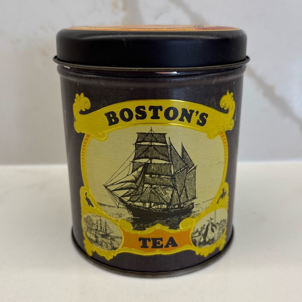 Vintage Boston Tea Company Round Metal Tin ~ w/ Paper Label Earl Grey